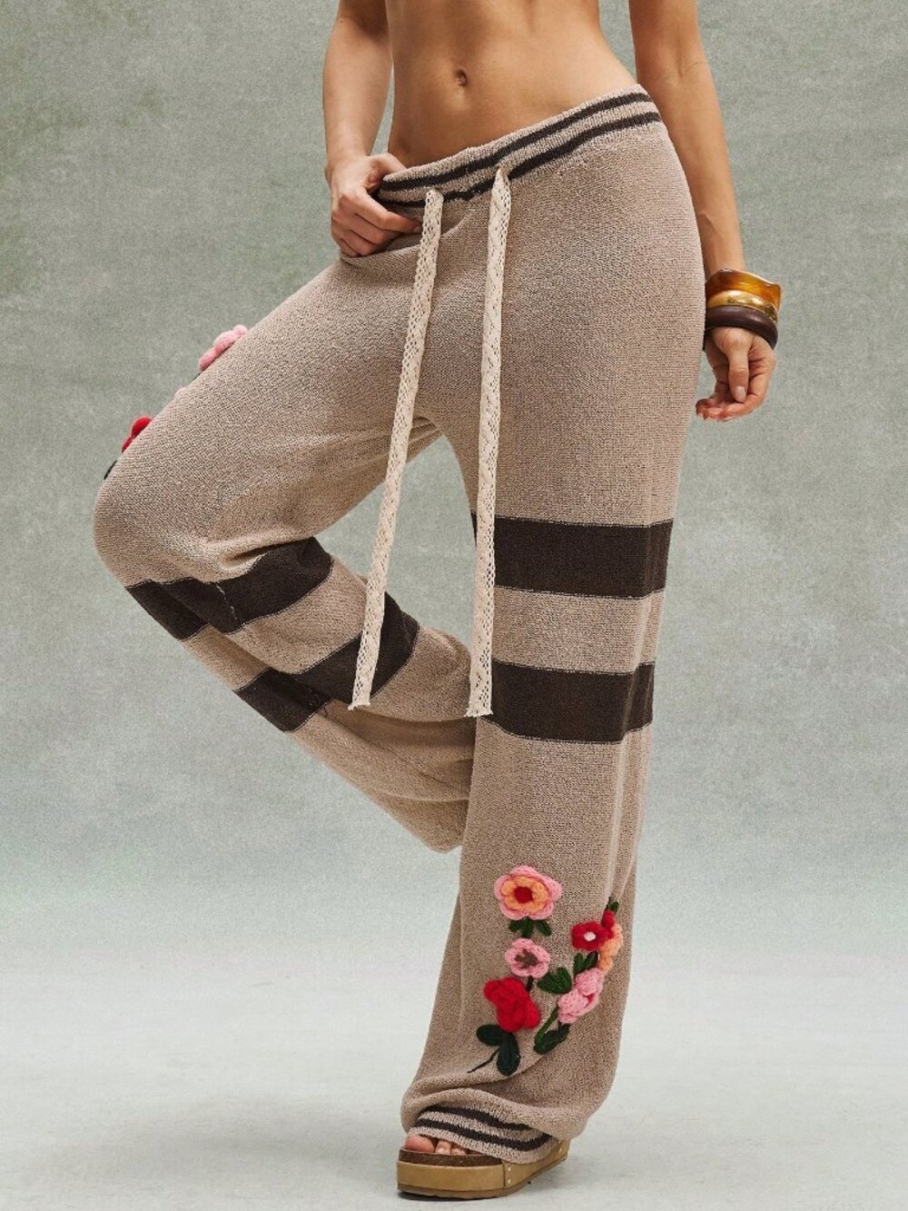 Brown Boho Women's Contrast Striped Crochet Sweater Pants